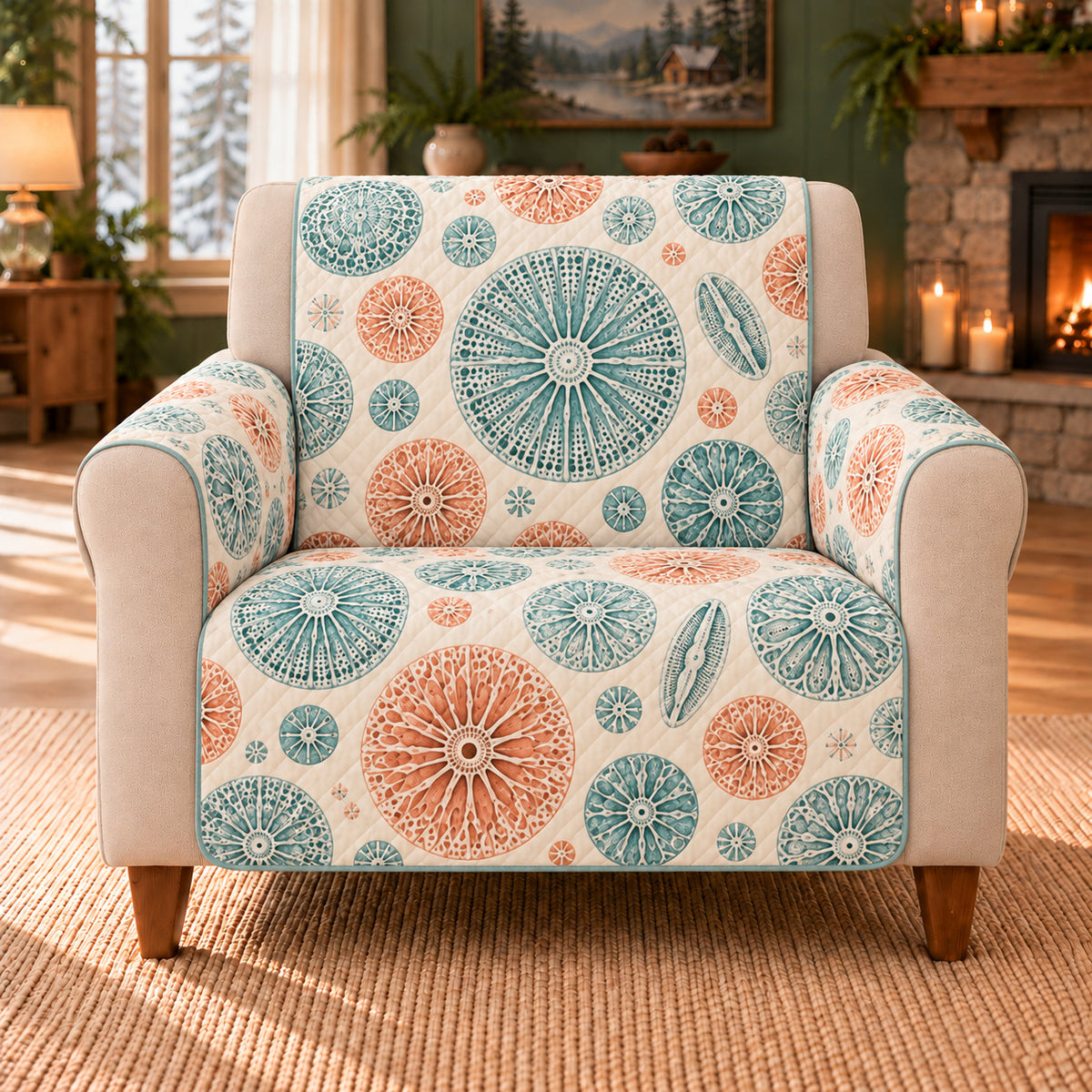 Diatom Rosette Toss sofa cover on a beige armchair