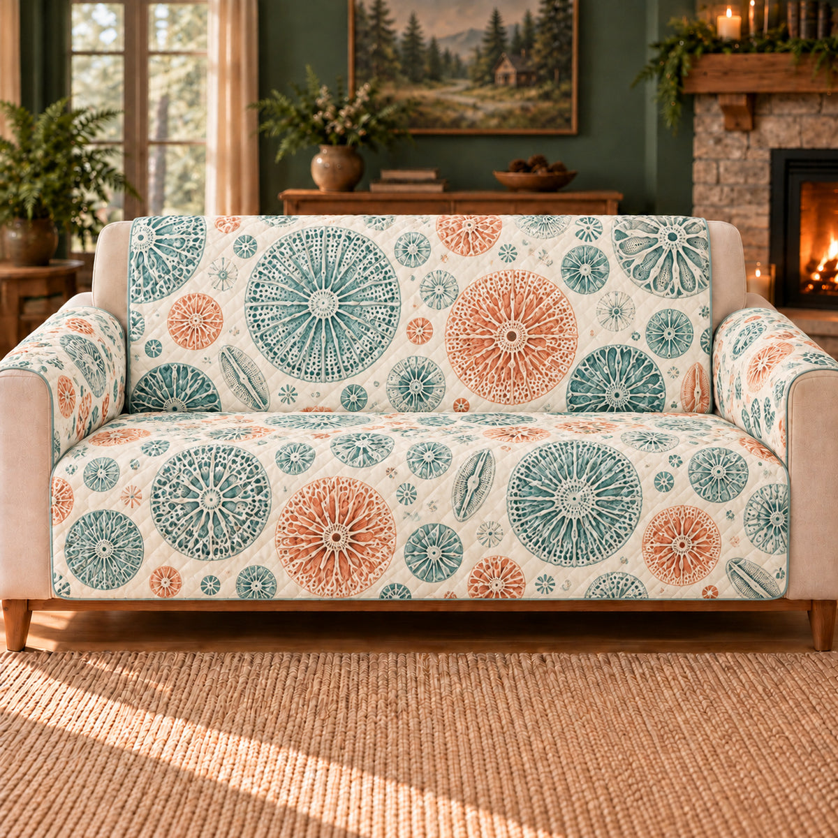 Diatom Rosette Toss sofa cover on a beige sofa
