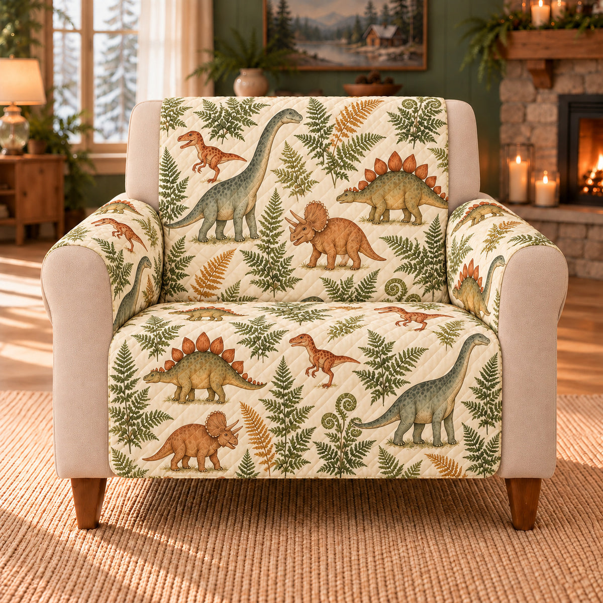 Dinosaur Fern Toss sofa cover on a beige armchair