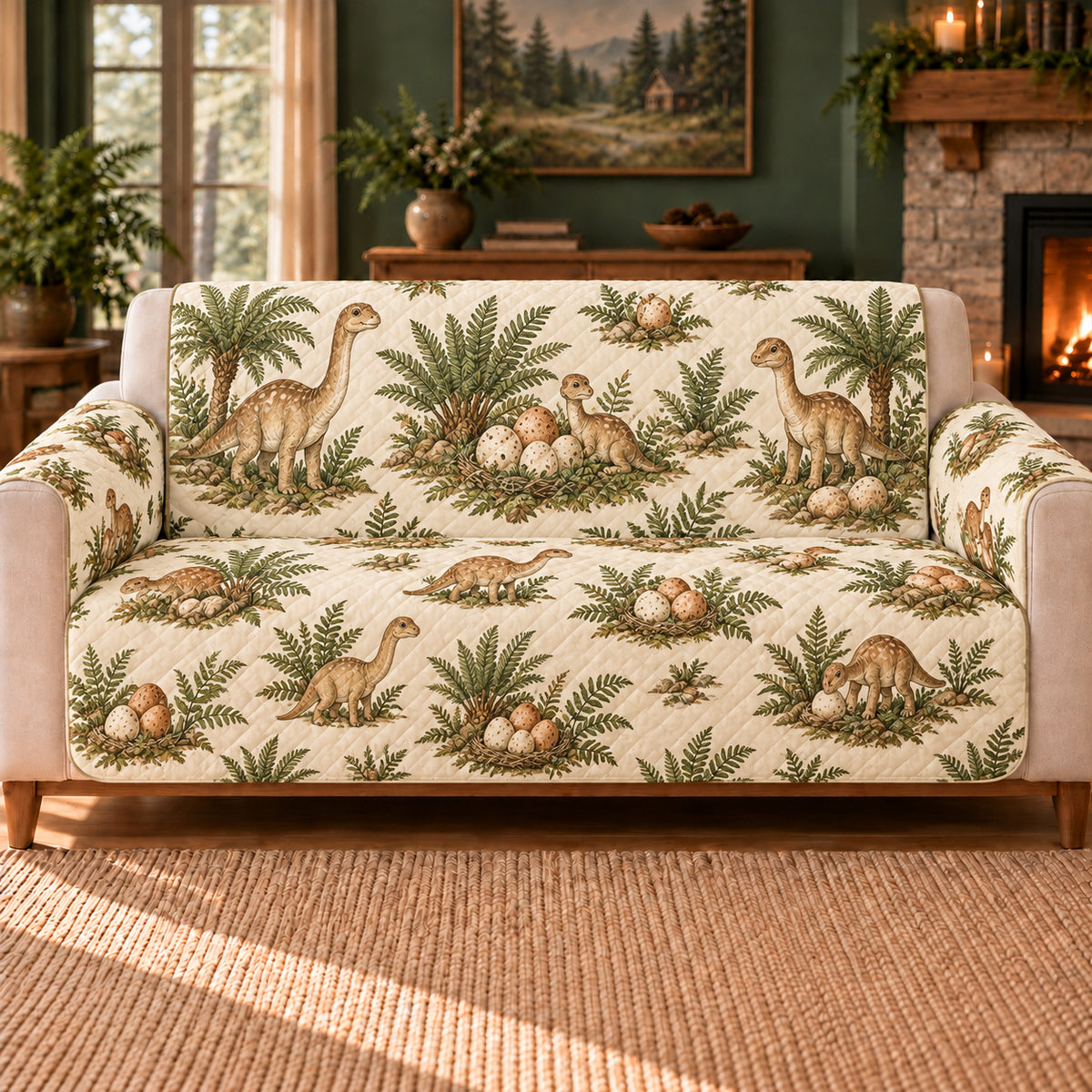 Dinosaur Nest Scatter sofa cover on a beige sofa