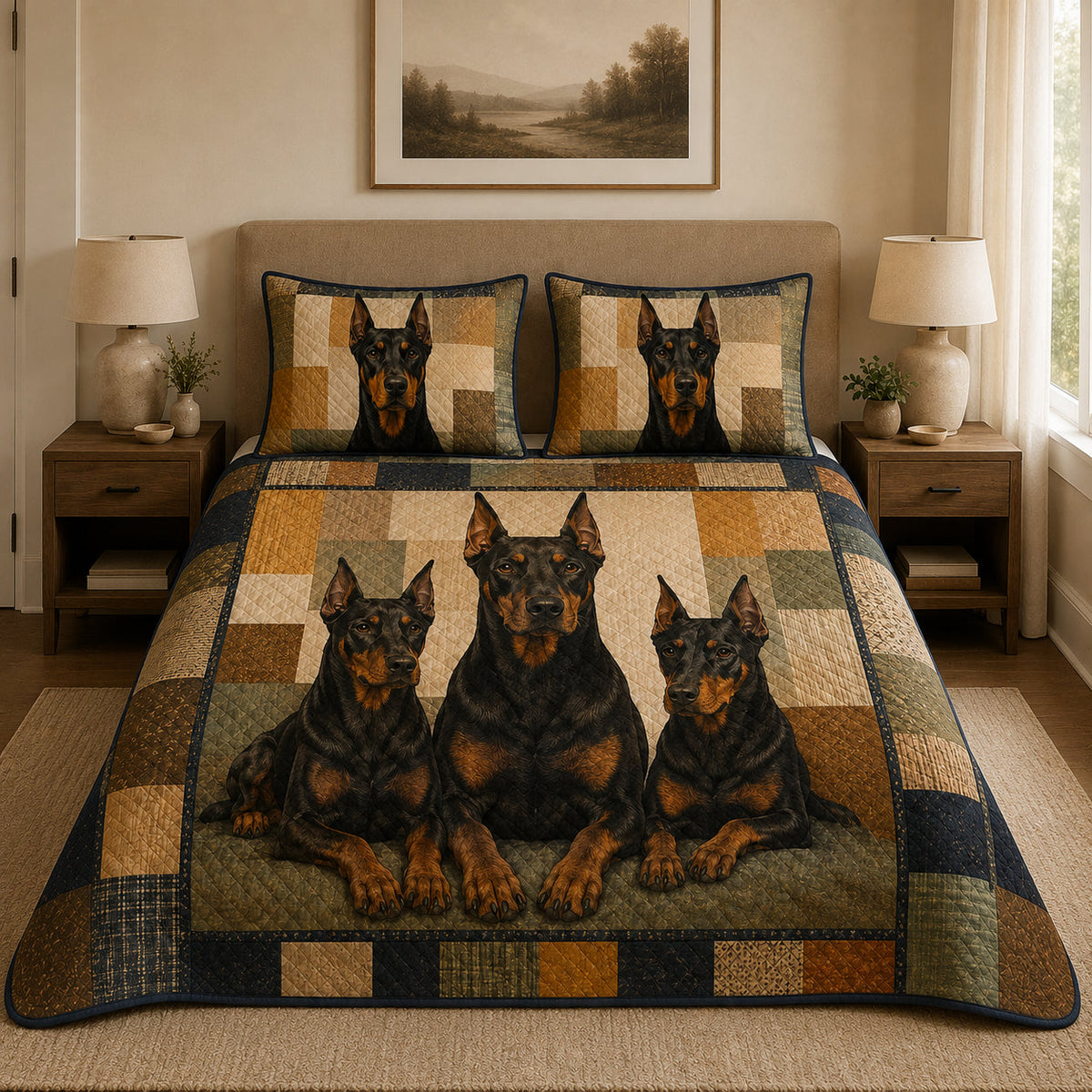 Black and Tan Doberman Patchwork quilt design with coordinating pillow shams