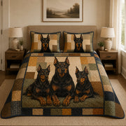 Black and Tan Doberman Patchwork quilt design with coordinating pillow shams