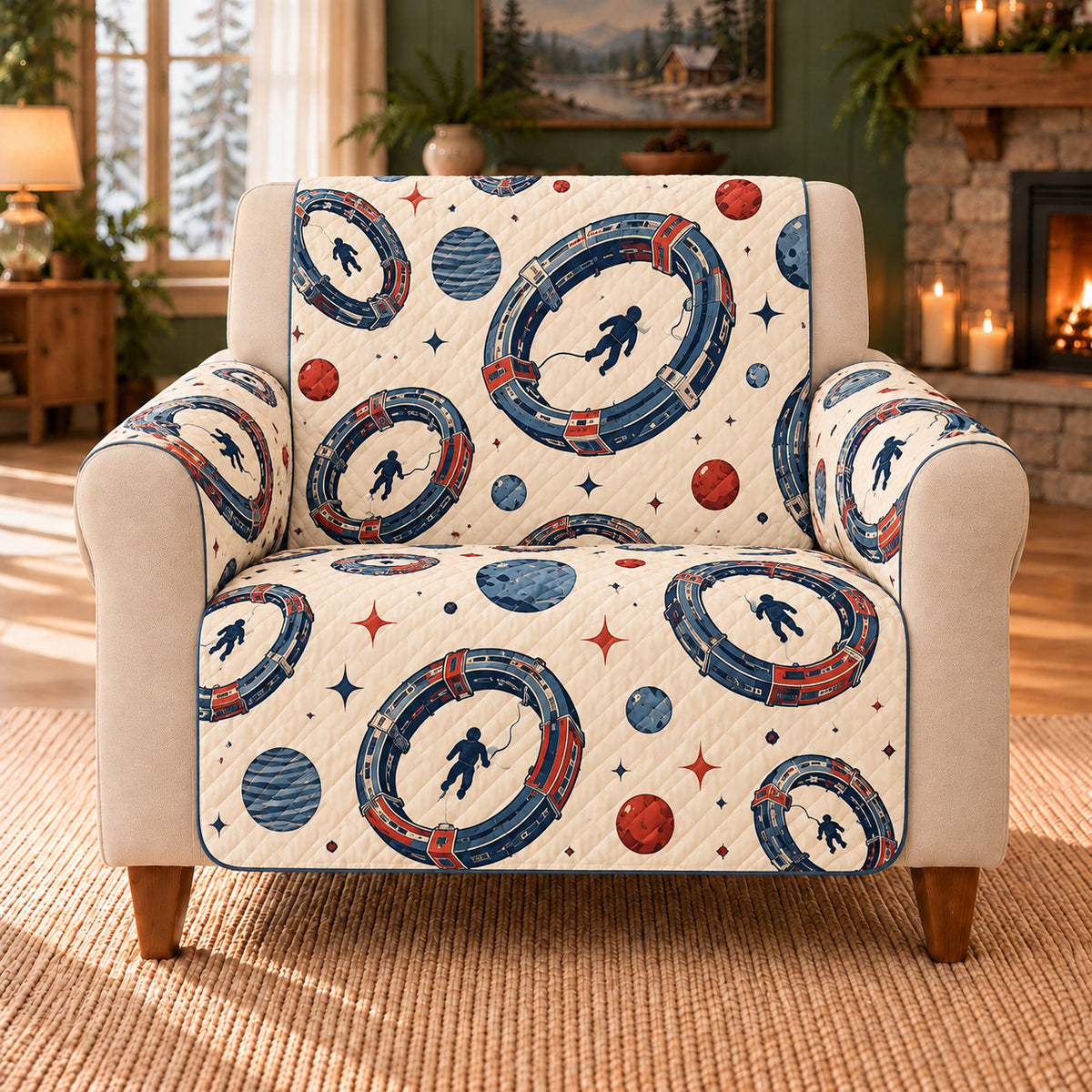 Docking Ring Loops sofa cover on a beige armchair