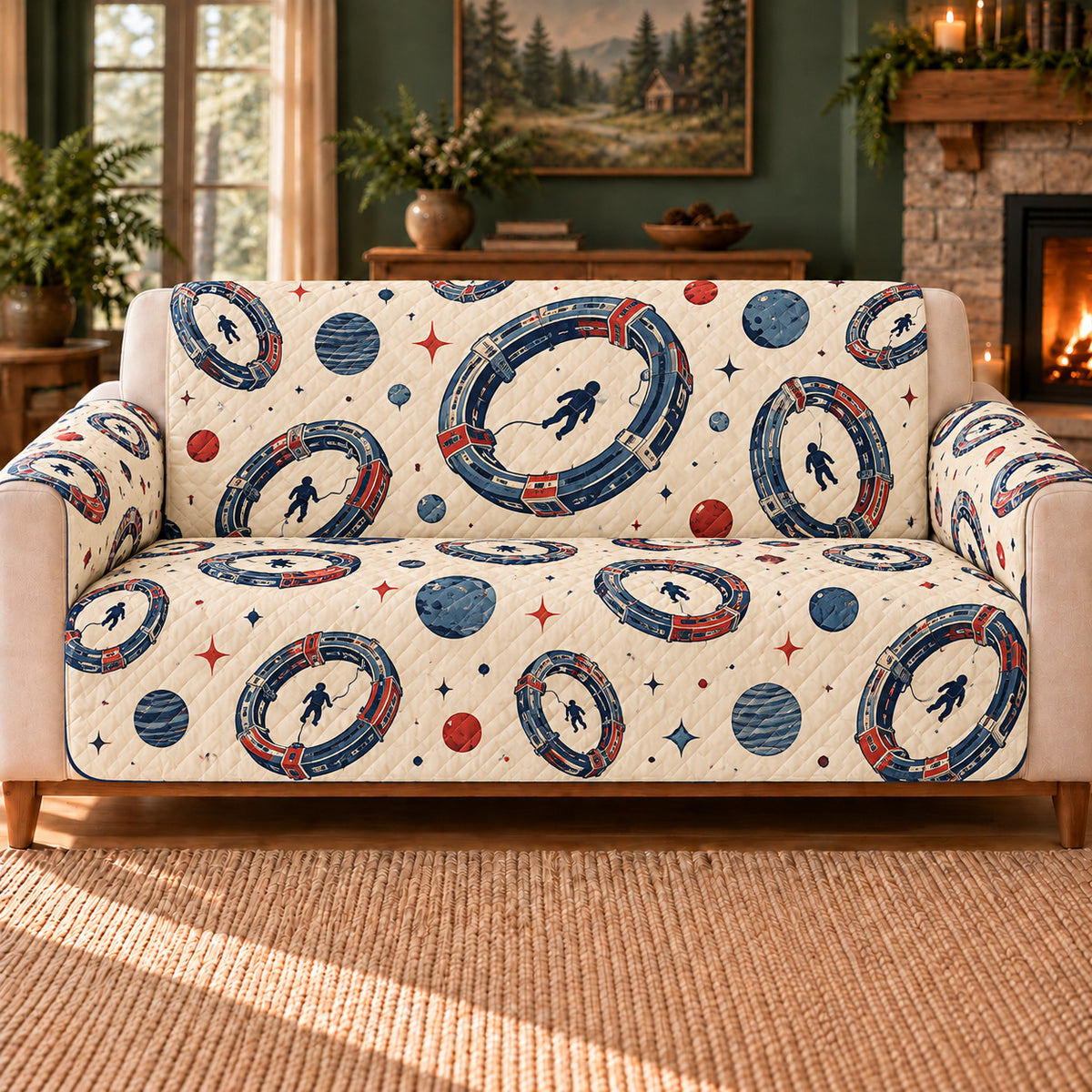 Docking Ring Loops sofa cover on a beige sofa