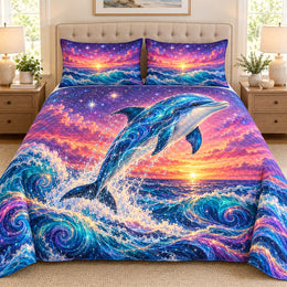 Dolphin Sunset Quilt Set, Ocean Bedding Gift for Dolphin Lovers