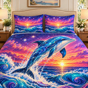 Dolphin sunset ocean wave quilt set, view 2, AI-generated product mockup