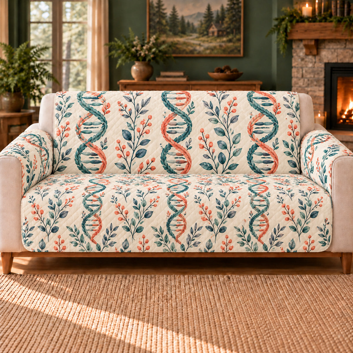 Double Helix Leaf Repeat sofa cover on a beige sofa