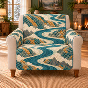 Dragon Scale River sofa cover on a beige armchair