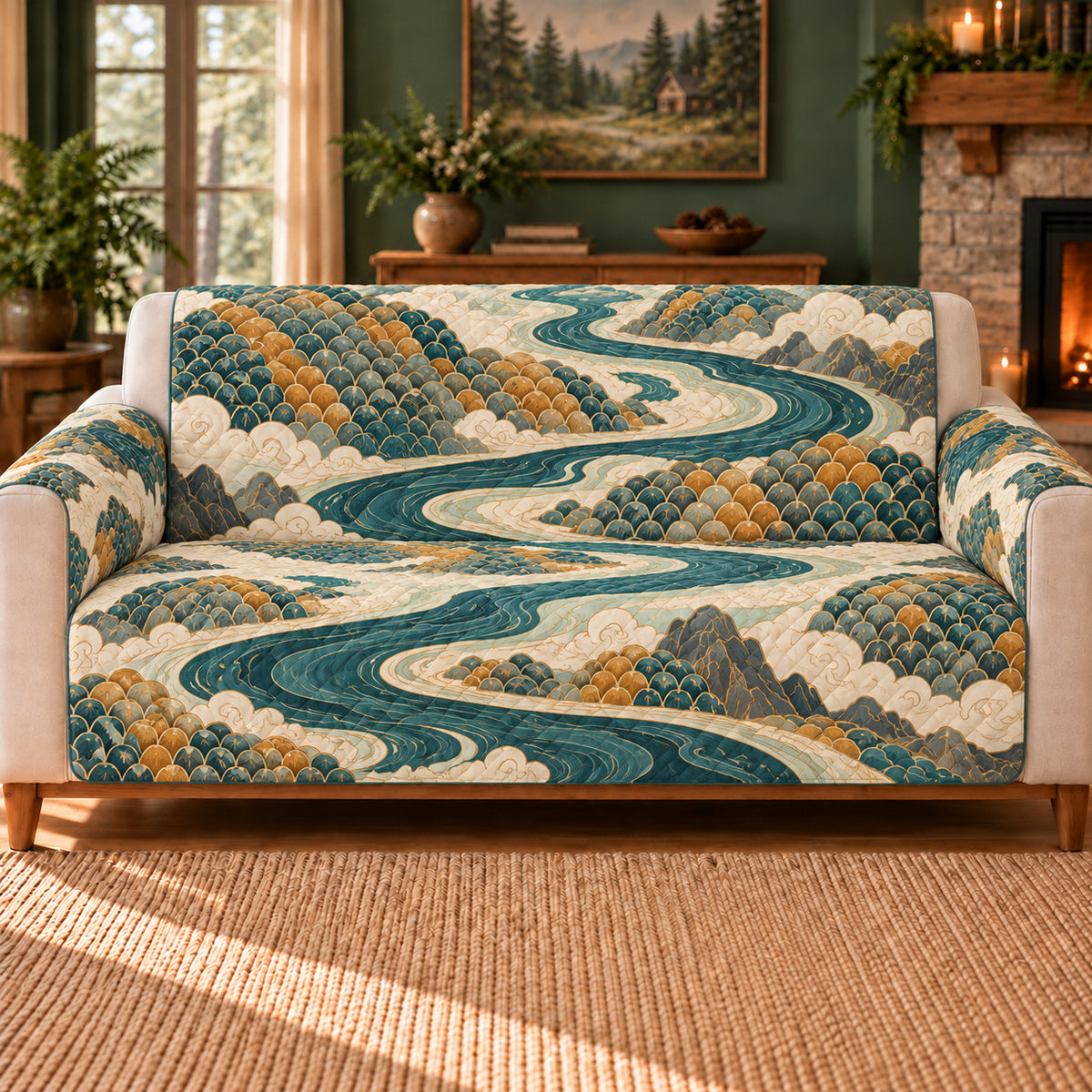 Dragon Scale River sofa cover on a beige sofa