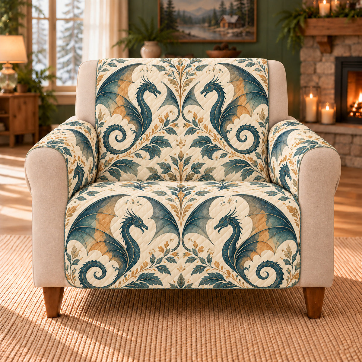 Dragon Wing Fans sofa cover on a beige armchair