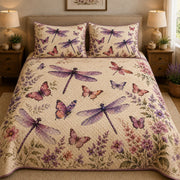 Purple Dragonfly Butterfly Floral quilt design with coordinating pillow shams