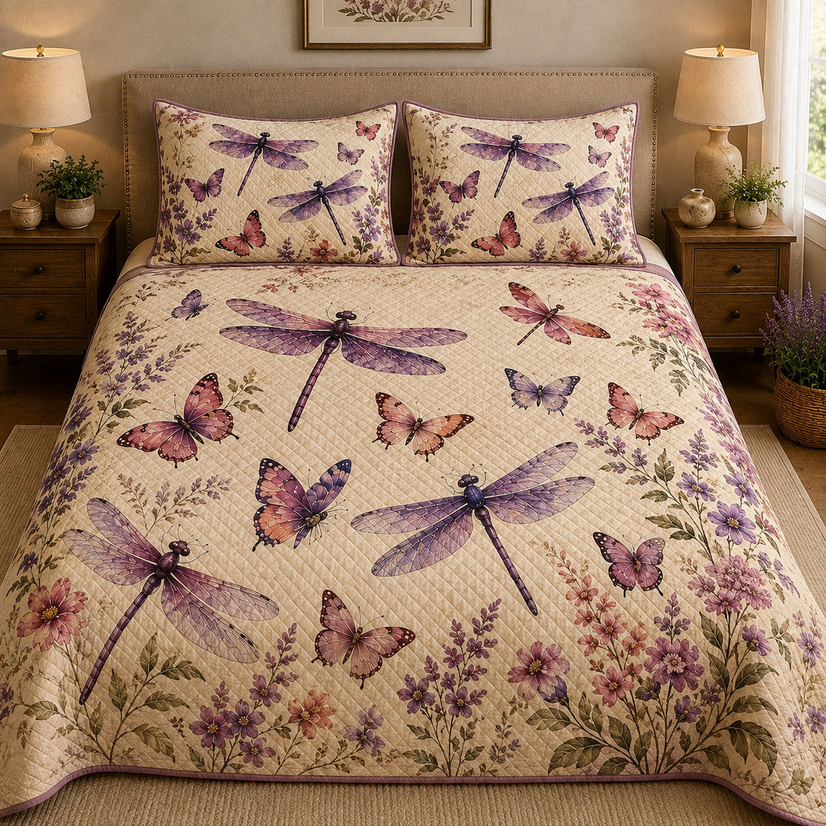Purple Dragonfly Butterfly Floral quilt design with coordinating pillow shams