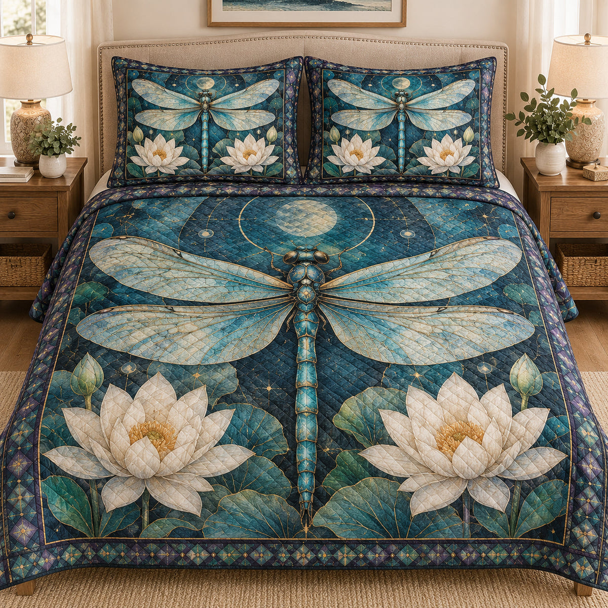 Dragonfly Lotus Floral quilt design with coordinating pillow shams