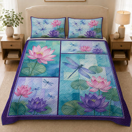 Purple Dragonfly Lotus Floral Quilt Set