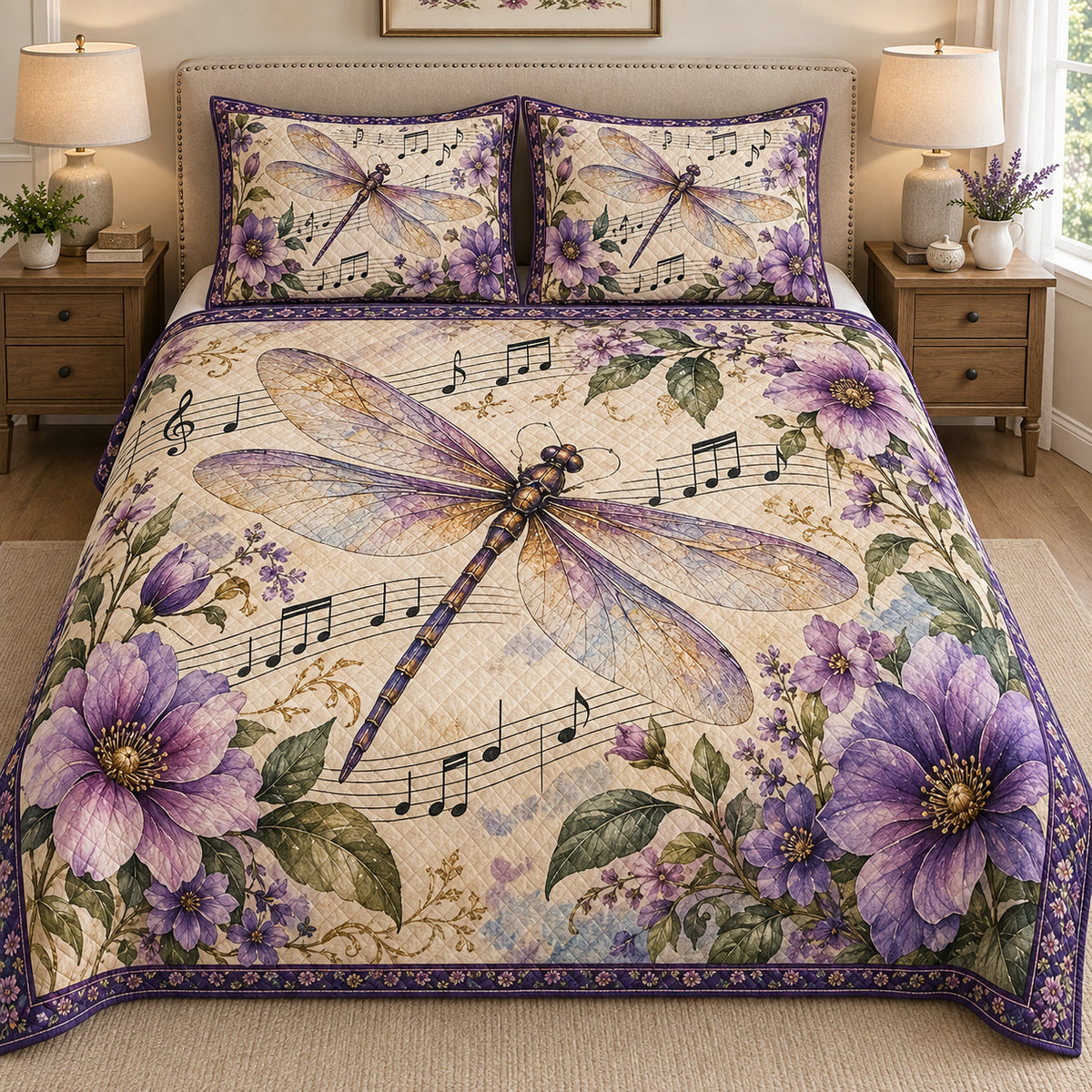 Purple Dragonfly Music Floral quilt design with coordinating pillow shams