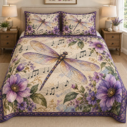 Purple Dragonfly Music Floral Quilt Set