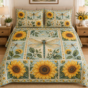 Dragonfly Sunflower Floral quilt design with coordinating pillow shams