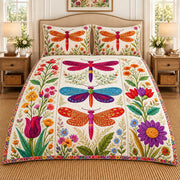 Colorful dragonfly wildflower quilt set, view 1, AI-generated product mockup
