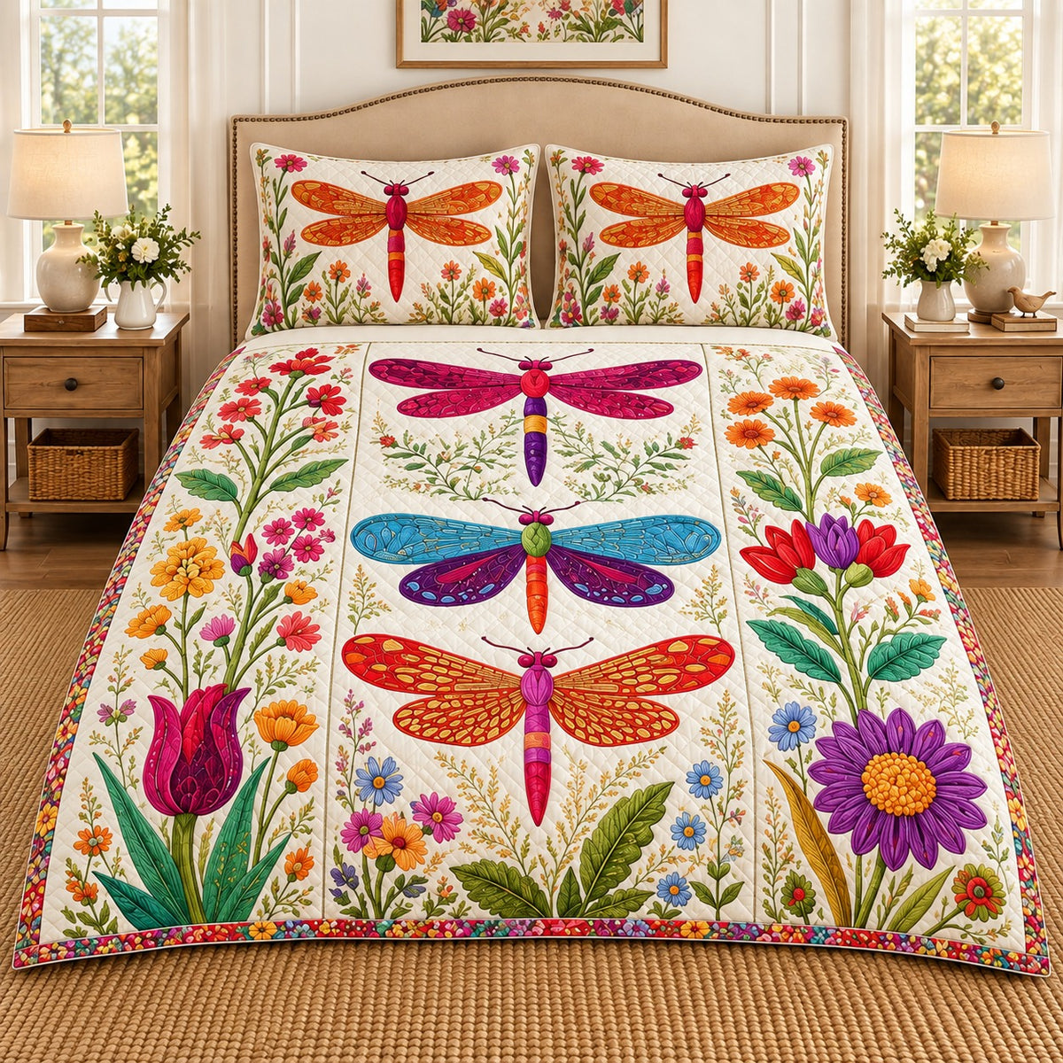 Colorful dragonfly wildflower quilt set, view 1, AI-generated product mockup