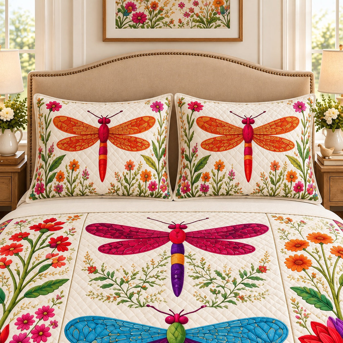 Colorful dragonfly wildflower quilt set, view 2, AI-generated product mockup