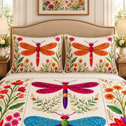 Colorful dragonfly wildflower quilt set, view 2, AI-generated product mockup