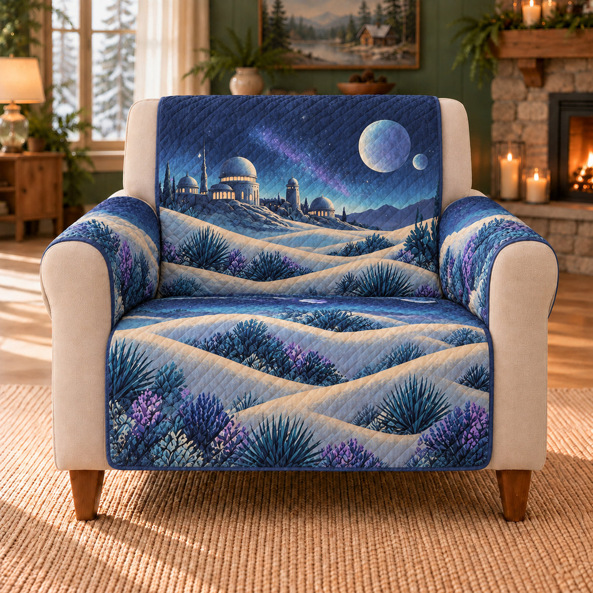 Dune Observatory Frieze sofa cover on a beige armchair