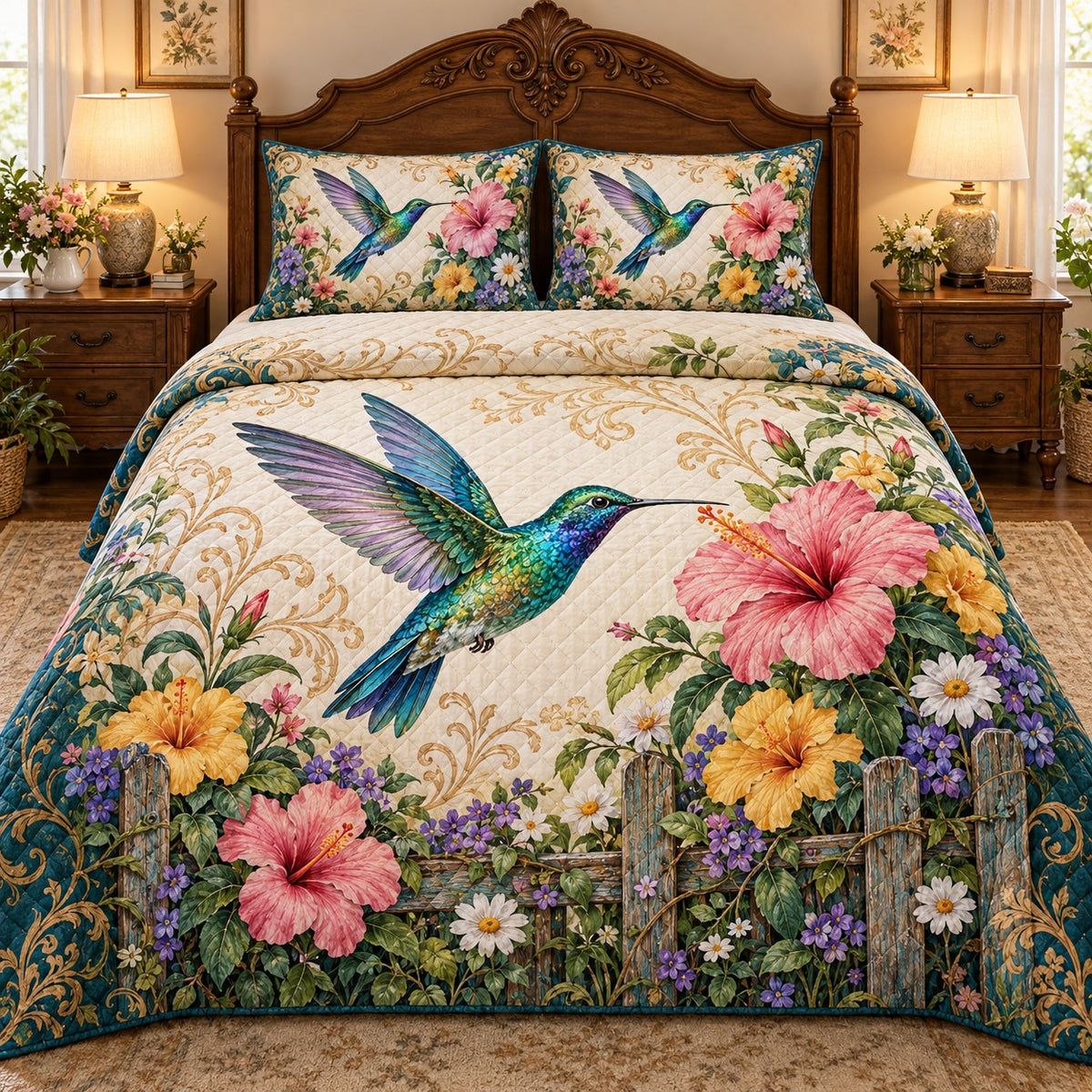 Hummingbird and hibiscus quilt set, front hero view, AI mockup