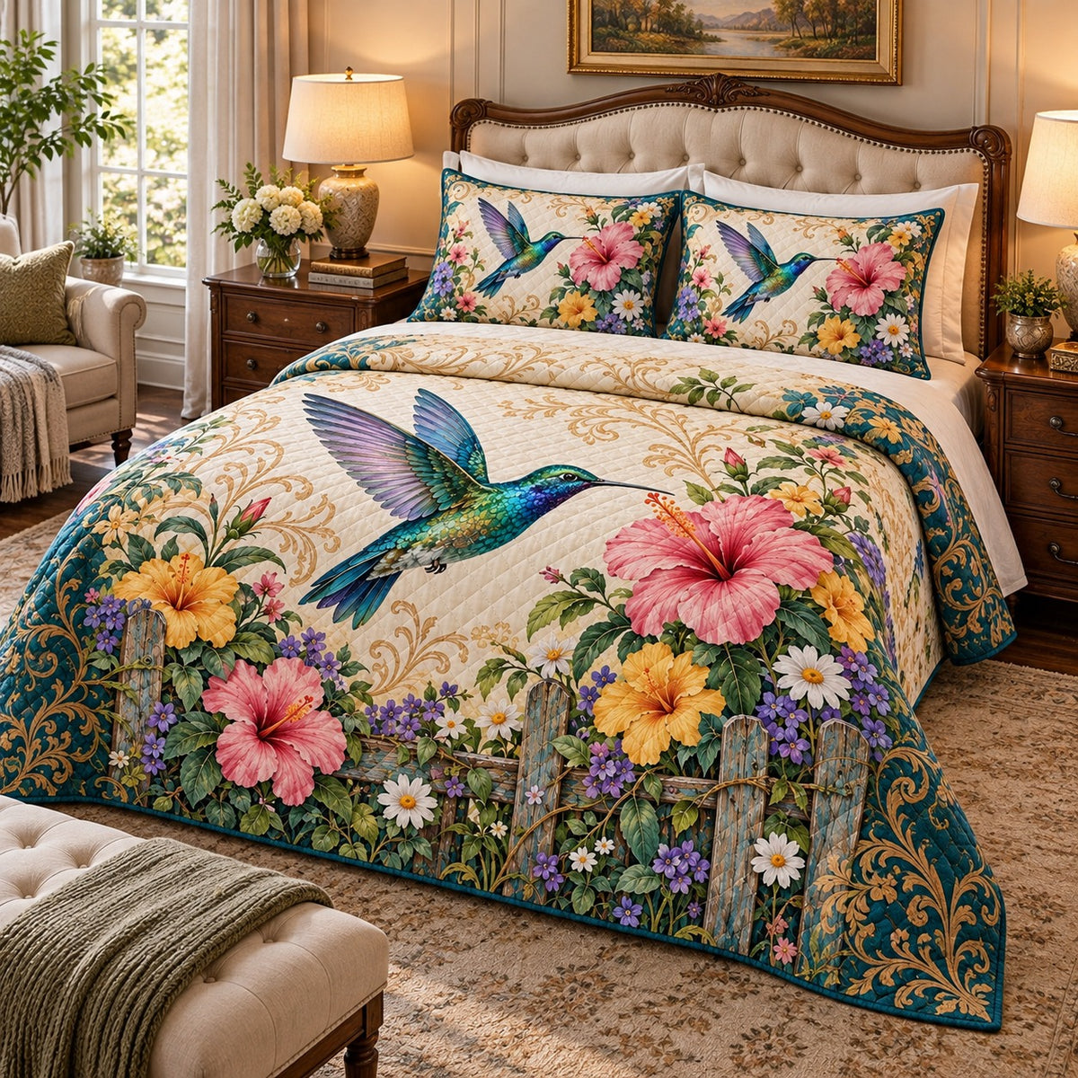 Hummingbird and hibiscus quilt set, second view, AI mockup