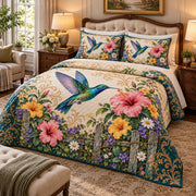 Hummingbird and hibiscus quilt set, second view, AI mockup