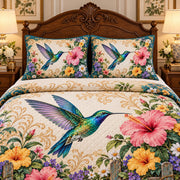 Hummingbird and hibiscus quilt set, third view, AI mockup