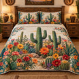 Desert Saguaro Cactus and Wildflower Quilt Set, Cozy Bedroom Bedding, Gift for Desert Decor Fans