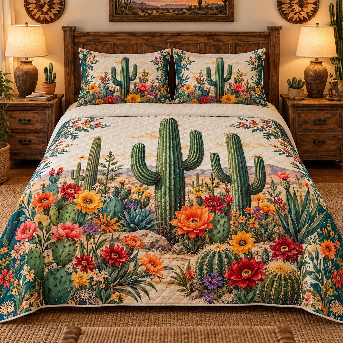 Desert Saguaro Cactus and Wildflower quilt set, view 1, AI mockup