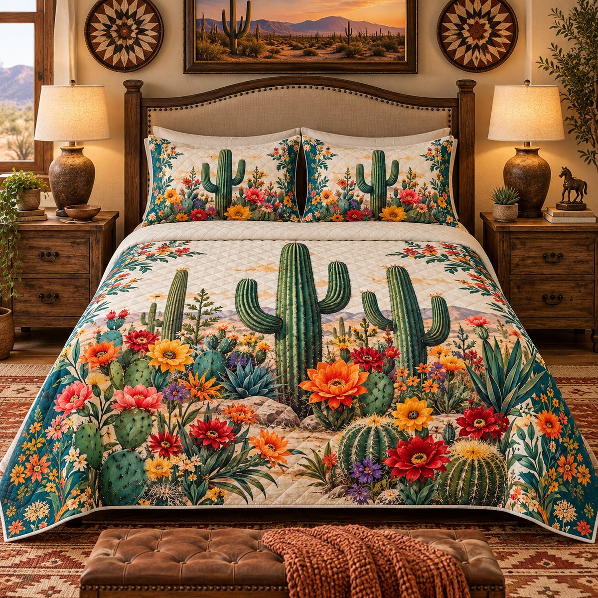 Desert Saguaro Cactus and Wildflower quilt set, view 2, AI mockup