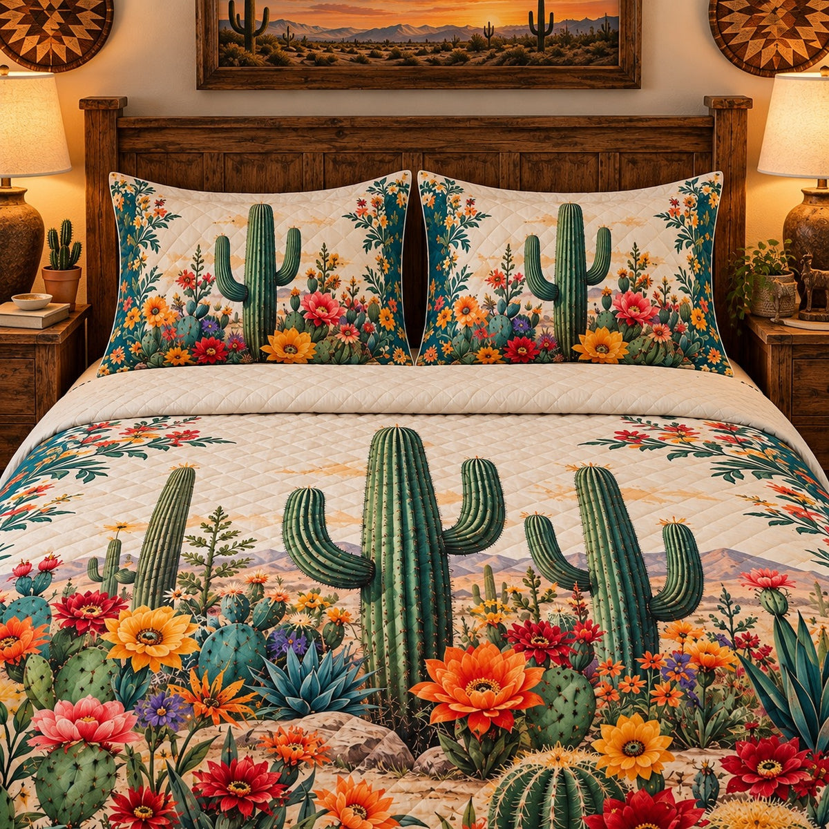 Desert Saguaro Cactus and Wildflower quilt set, view 3, AI mockup