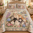 Cottage Garden Cats and Flowers Quilt Set, Cozy Bedroom Bedding, Gift for Cat Owners
