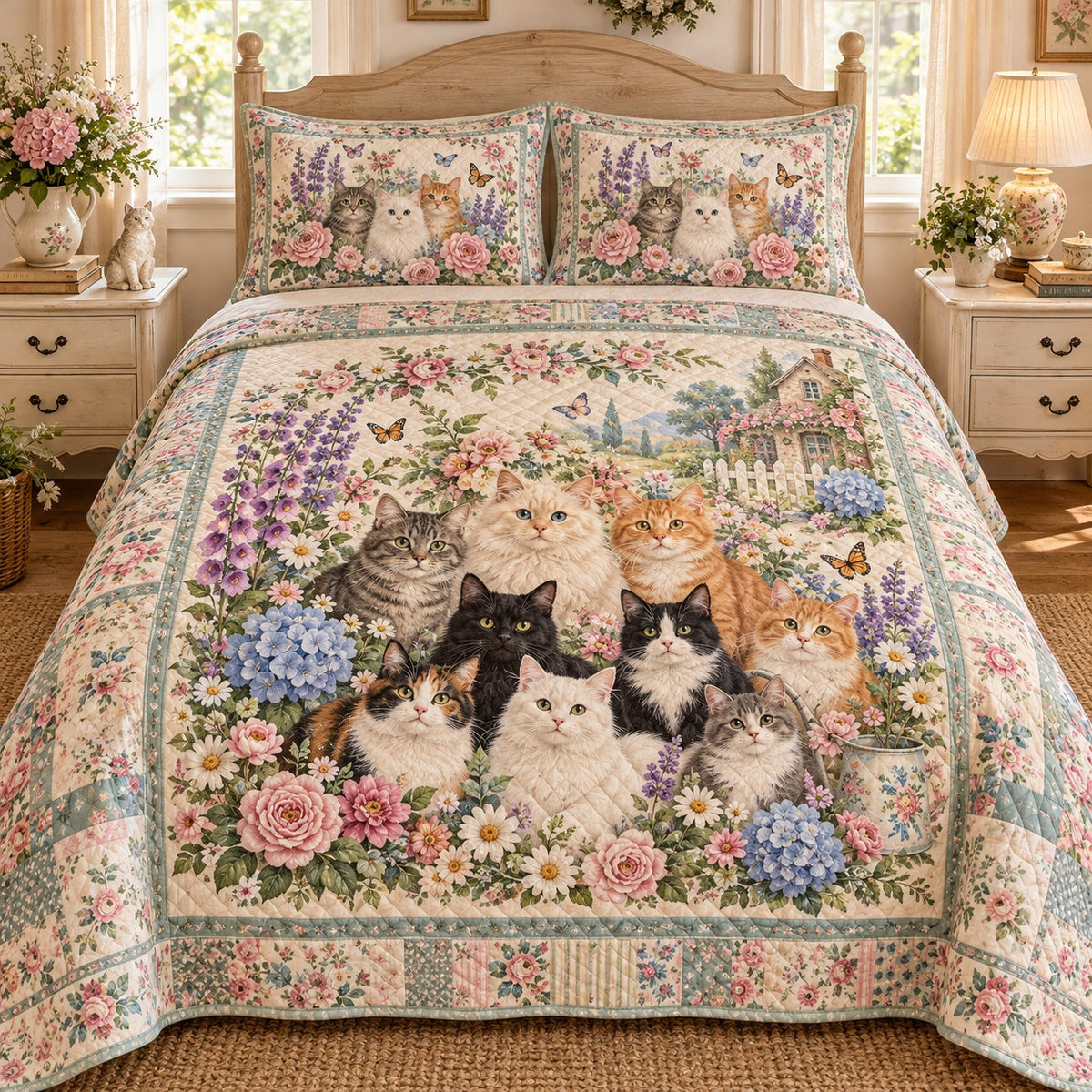 Cottage Garden Cats and Flowers quilt set, view 1, AI mockup
