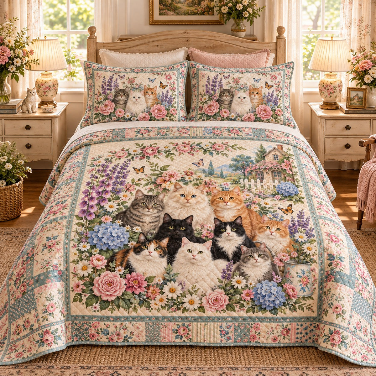 Cottage Garden Cats and Flowers quilt set, view 2, AI mockup