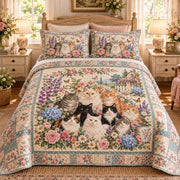 Cottage Garden Cats and Flowers quilt set, view 2, AI mockup