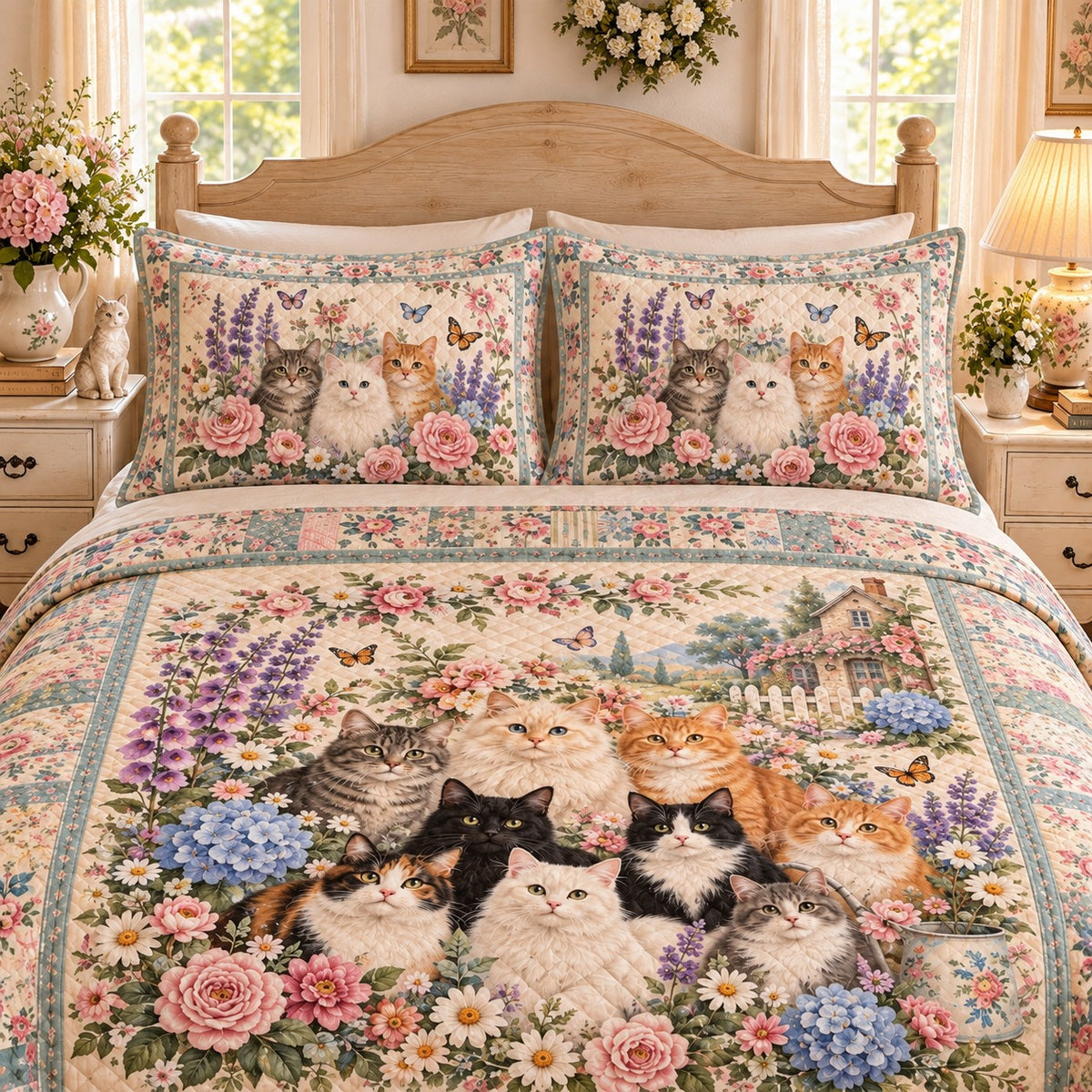 Cottage Garden Cats and Flowers quilt set, view 3, AI mockup
