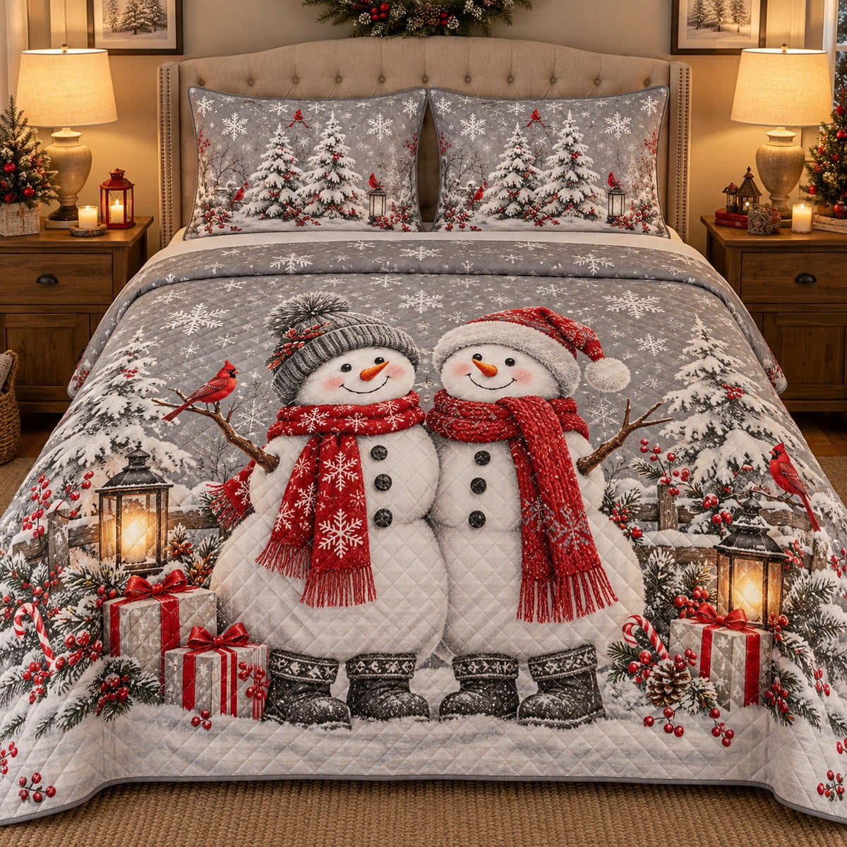 Christmas Snowman Pair and Cardinals quilt set, view 1, AI mockup
