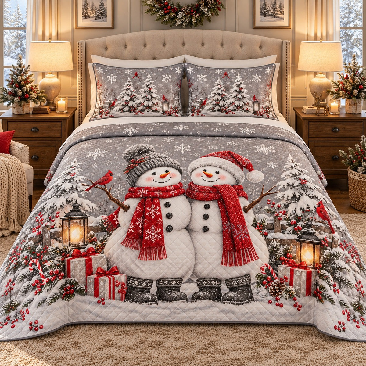Christmas Snowman Pair and Cardinals quilt set, view 2, AI mockup