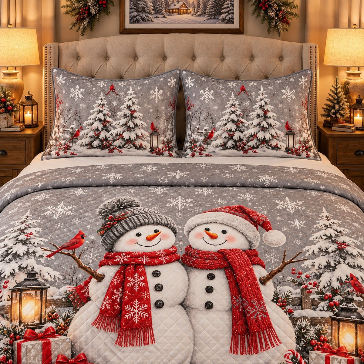 Christmas Snowman Pair and Cardinals quilt set, view 3, AI mockup
