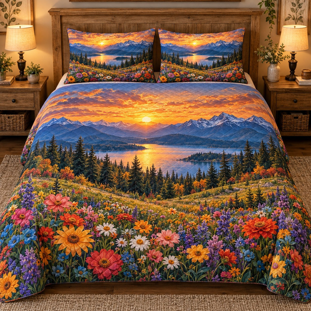 Mountain Lake Sunset and Wildflowers quilt set, view 1, AI mockup