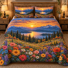 Mountain Lake Sunset and Wildflowers Quilt Set, Cozy Bedroom Bedding, Gift for Nature Lovers