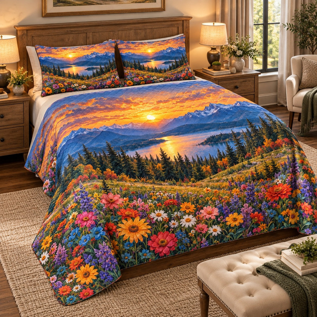 Mountain Lake Sunset and Wildflowers quilt set, view 2, AI mockup