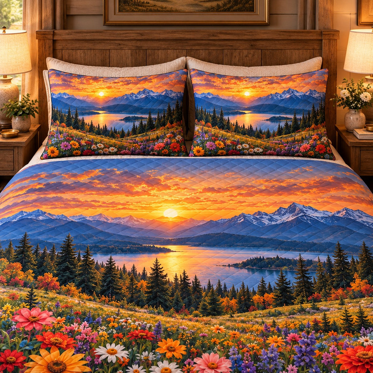 Mountain Lake Sunset and Wildflowers quilt set, view 3, AI mockup
