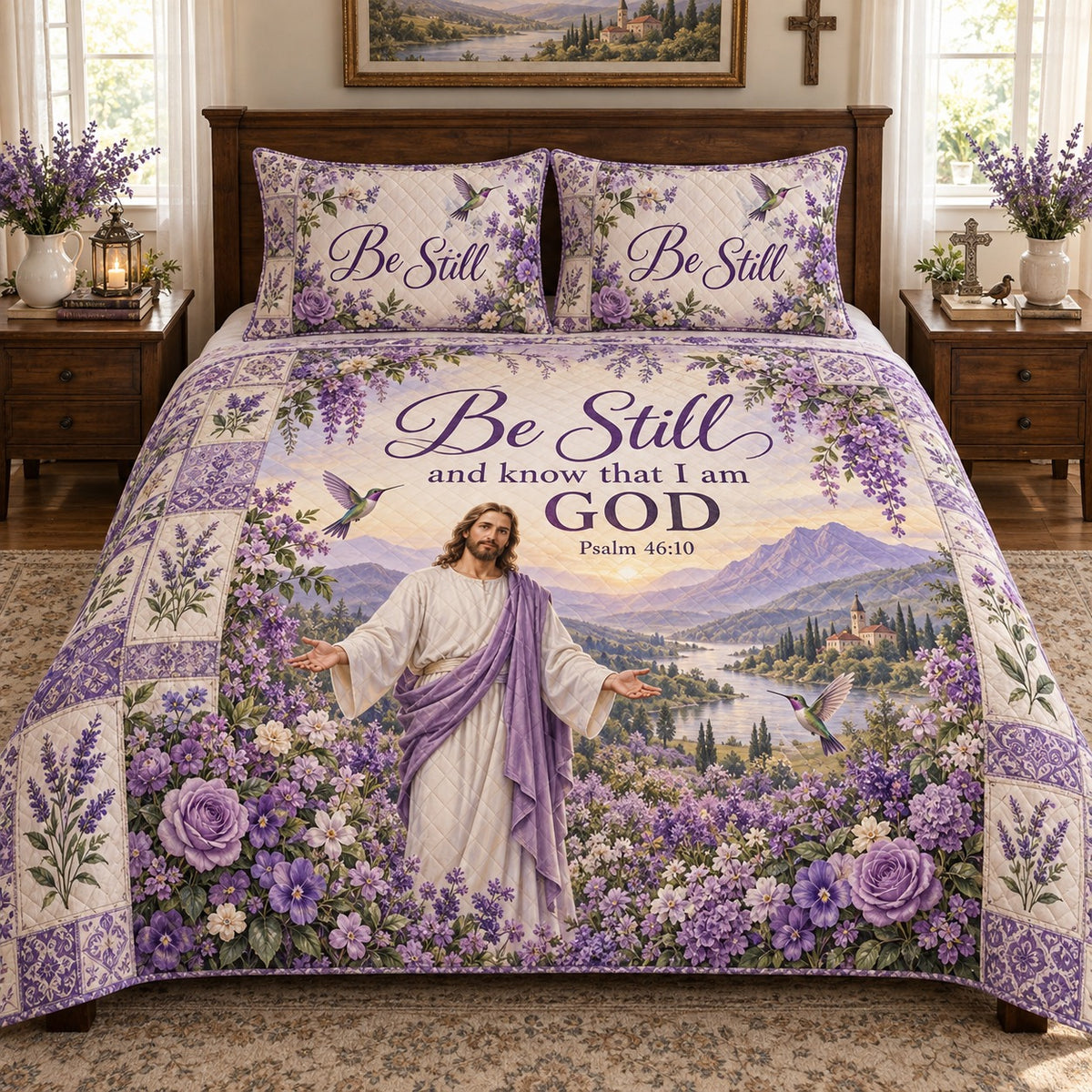 Be Still Psalm 46:10 Floral quilt set, view 1, AI mockup