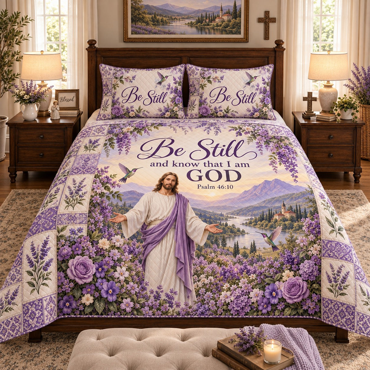 Be Still Psalm 46:10 Floral quilt set, view 2, AI mockup