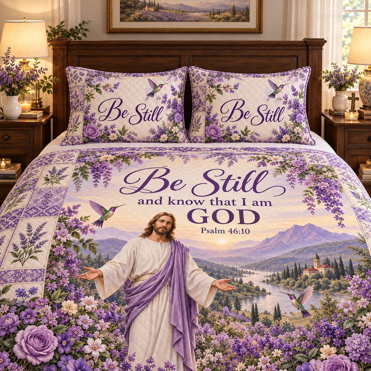Be Still Psalm 46:10 Floral quilt set, view 3, AI mockup