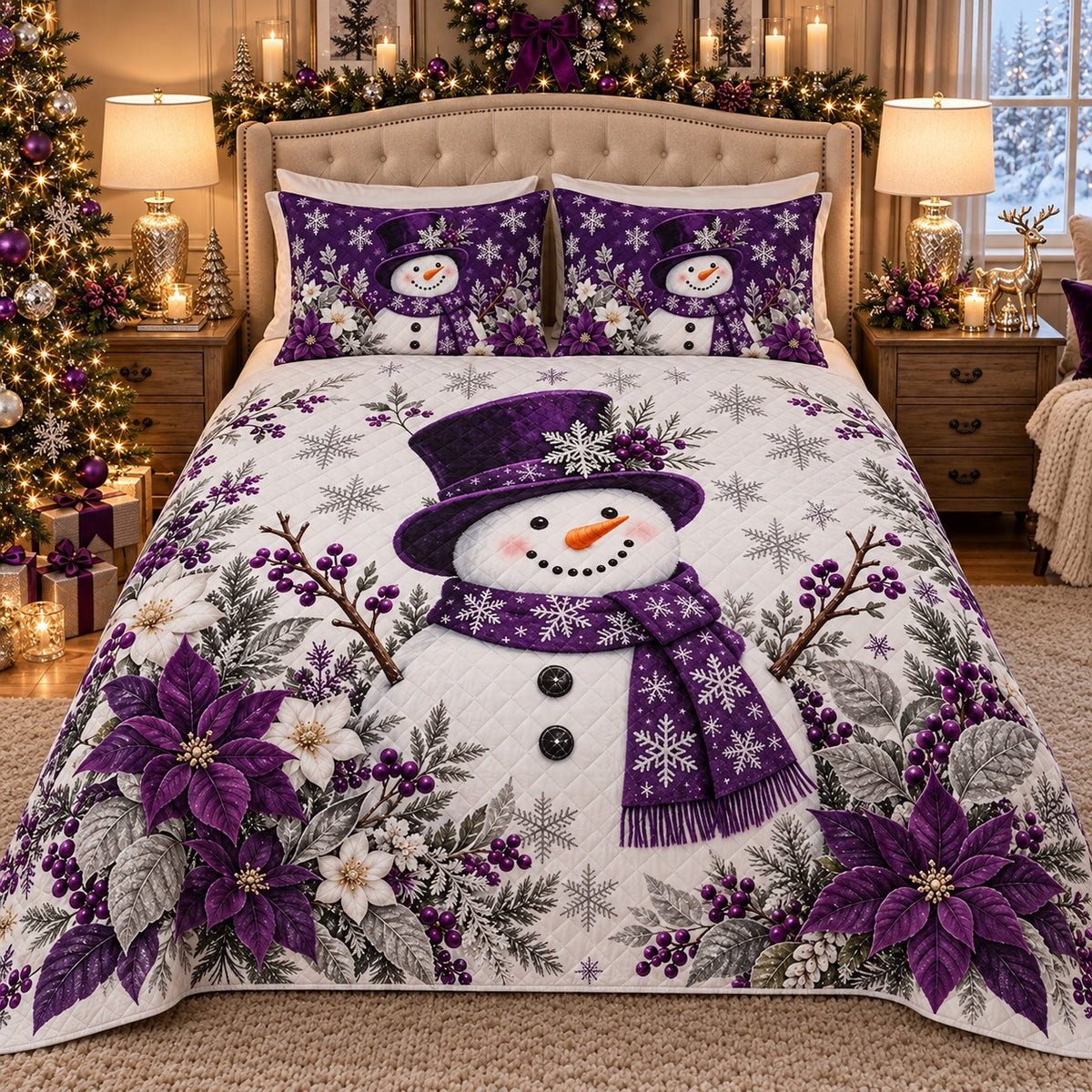Purple Snowman and Winter Poinsettia quilt set, view 2, AI mockup
